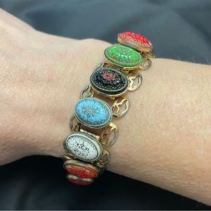 Vintage Book Chain Bracelet with Molded Glass Etched Links 7.5", Gold Tone